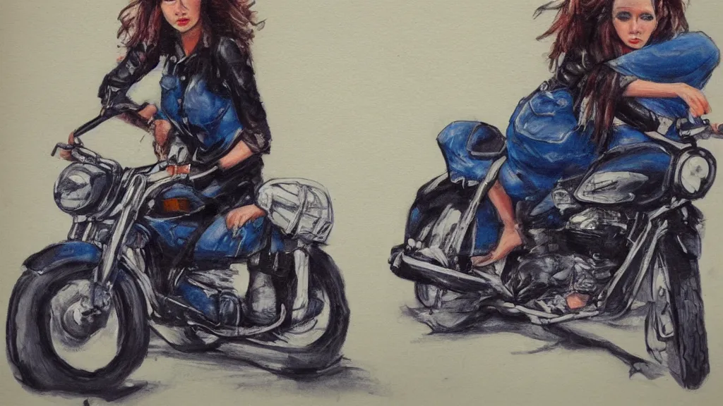 Image similar to girl on a motorcycle in the style of Zoe Mozert