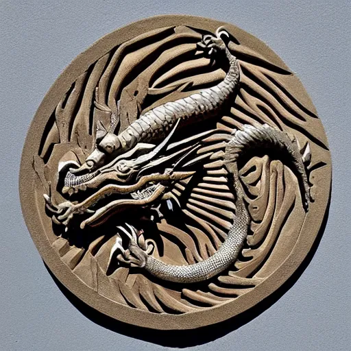 Prompt: “fire breathing dragon, relief sculpture stone”