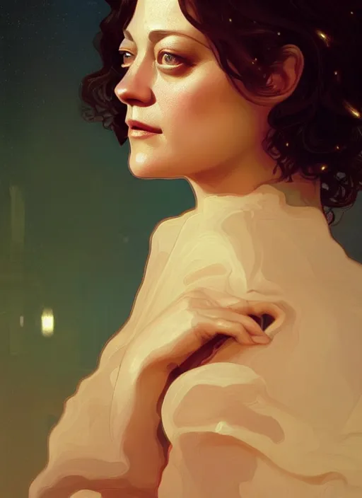 Prompt: portrait of marion cotillard, intricate, elegant, glowing lights, highly detailed, digital painting, artstation, glamor pose, concept art, smooth, art nouveau, sharp focus, illustration, art by wlop, alphonse mucha and craig mullins