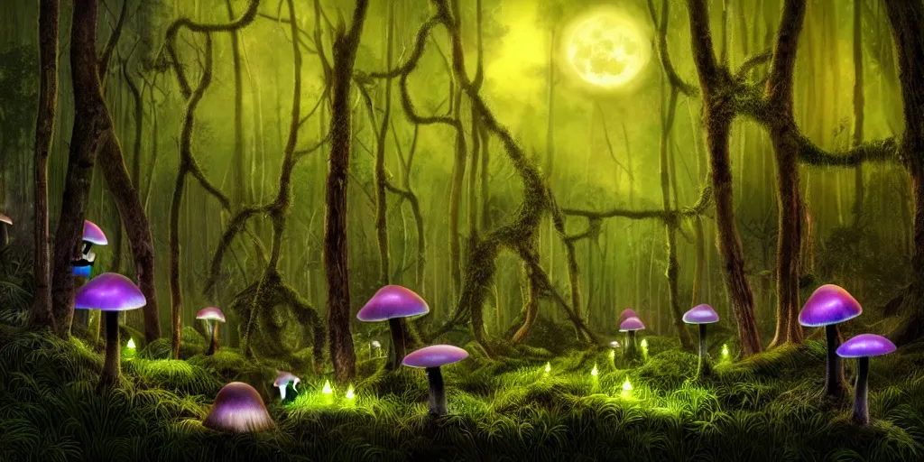 Prompt: dark primitive forest covered with fluorescent mushrooms and ferns, showered by moonlight, natural lighting, playful color scheme, intricate details, matte painting, illustration