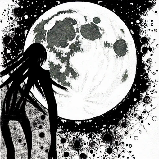 Image similar to full moon, style of shuzo oshimi, black outline, on white, smooth, thin sharp lines, detailed