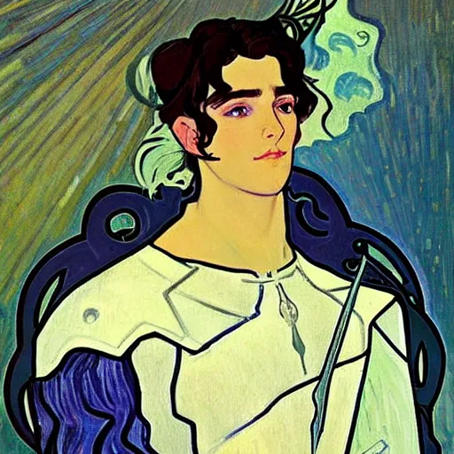 Image similar to painting of young handsome beautiful paladin elf! man with long wavy dark hair in his 2 0 s named shadow taehyung at the blueberry party, wearing armor!, elegant, clear, painting, stylized, delicate, soft facial features, art, art by alphonse mucha, vincent van gogh, egon schiele,