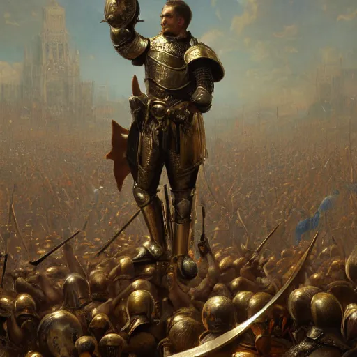 Image similar to artstation concept of a man in armor standing in a crowd gettig cheered, man with arms wide open, bright colorful, gold, hyperdetailed, artstation trending, world renowned artists, worth 1 0 0 0. com, historic artworks society, antique renewel, cgsociety, by greg rutkowski, by gustave dore, deviantart