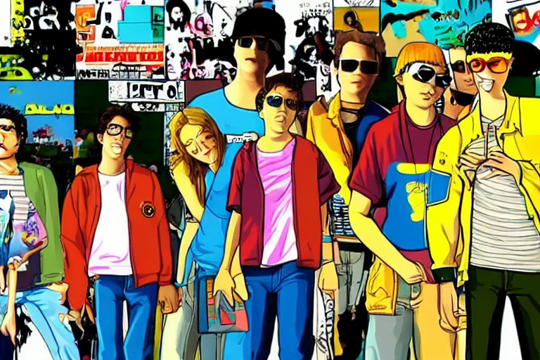 Prompt: a still from the movie superbad, 2 0 0 2 jet set radio future graphics visual aesthetic