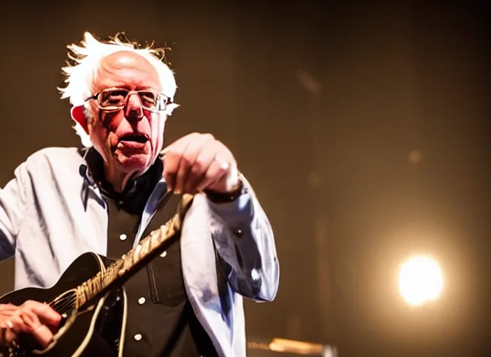 Image similar to publicity photo still of bernie sanders in a punk band playing live on stage, 8 k, live concert lighting, mid shot