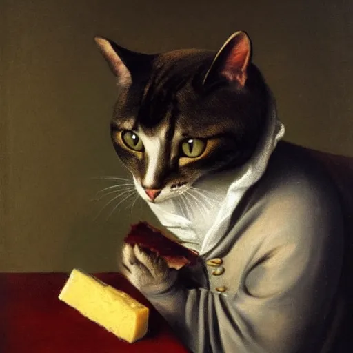 Prompt: portrait painting of a cat holding a piece of cheese and wearing napoleon cloths by George Stubbs, renaissance painting, oil painting, old master