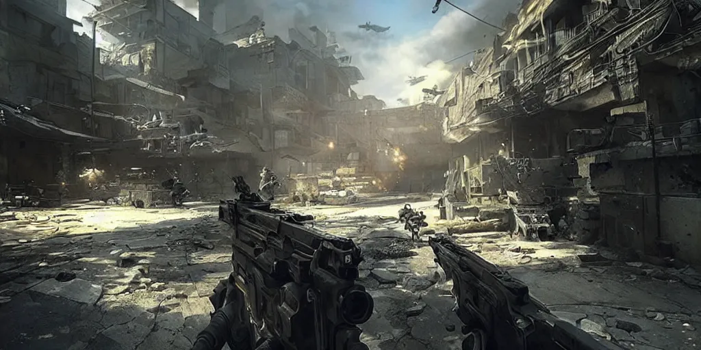 Image similar to “ screenshot from call of duty, fps, unreal engine, first person weapon, raytracing, by craig mullins, james gurney, greg rutkowski ”