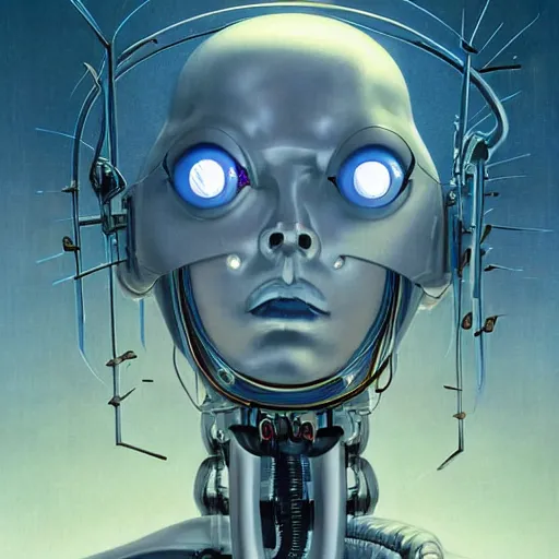 Image similar to an amish cyborg with one robotic eye, electrical charges sparkling within his hair, highly detailed by peter mohrbacher, hajime sorayama, wayne barlowe, boris vallejo, aaron horkey, gaston bussiere, craig mullins