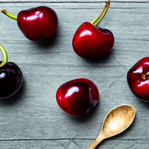 Prompt: photo three cherries on a table