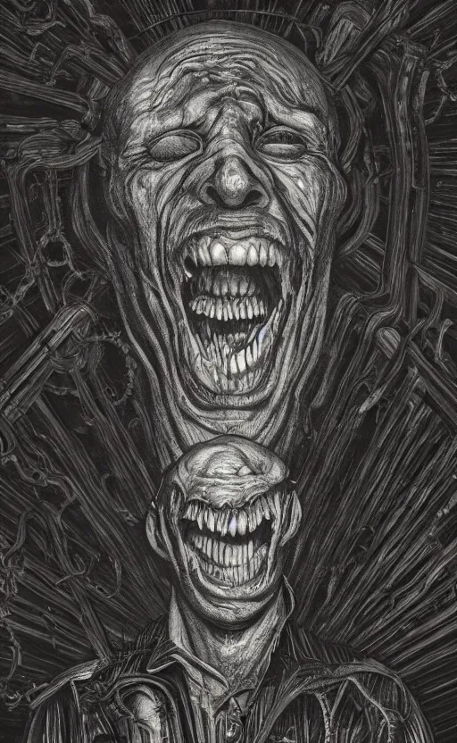 Prompt: portrait of lovecraftian smiling jerma, surrounded by beams of light dark background by wayne barlow, stanley donwood, anton semenov, zdzislaw bekinski, hr giger, 8 k, fantasy, dark, highly detailed