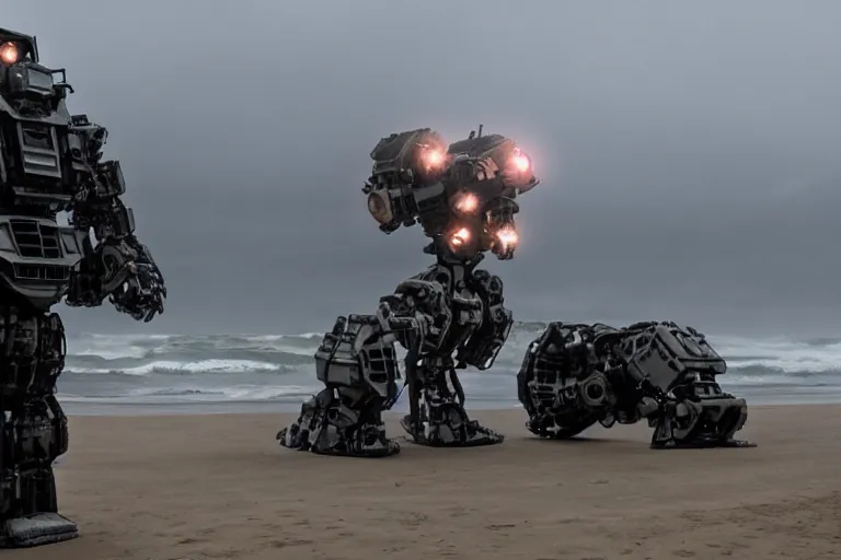 Image similar to cinematography of a giant mech on the beach in Santa Monica by Emmanuel Lubezki