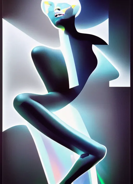 Image similar to futuristic lasers tracing, colorsmoke, fullbodysuit, pyramid hoodvisor, raindrops, wet, oiled, beautiful cyborg girl pinup, by steven meisel, kaws, rolf armstrong, cubist perfect geometry abstract acrylic, hyperrealism photorealistic airbrush collage painting, monochrome, neon fluorescent colors, minimalist rule of thirds, eighties eros