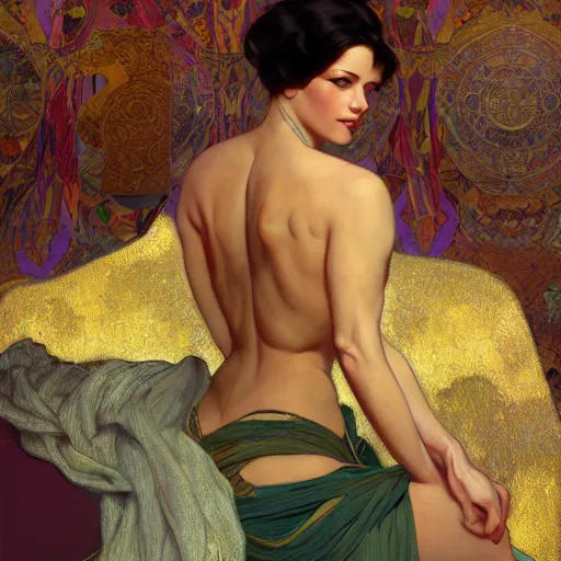 Image similar to modern woman | muscular | hyperrealistic | action pose | digital painting | trending on artstation | pinup portrait | clean | illustration | dressed | unreal engine 5 | 8 k resolution | by greg rutkowski alphonse mucha gustav klimt and mel ramos