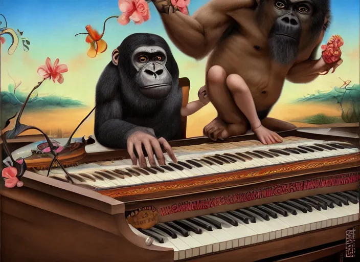 Image similar to 🦍🎹🎼, lowbrow in the style of camille rose garcia and mark ryden and salvador dali, 8 k, matte painting,