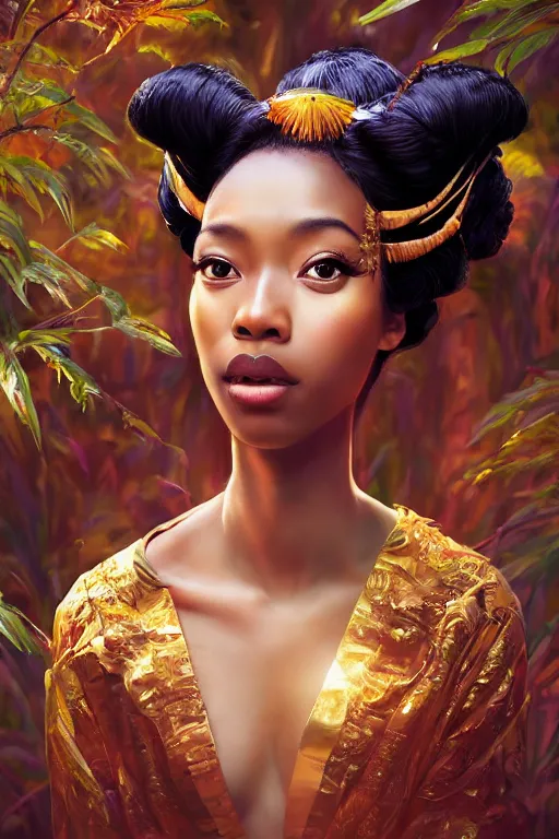 Image similar to stunningly beautiful, nubian geisha prima ballerina in jungle, symmetrical face, golden hour, smooth, focus, highly detailed, hyper realistic, dramatic lighting, elegant, intricate, concept art, art by wlop, mars ravelo, greg rutowski, artstation