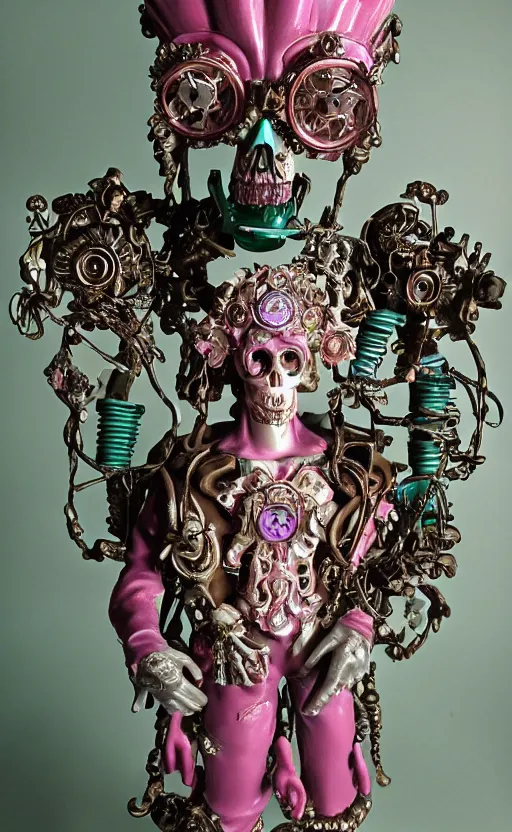 Image similar to a young handsome latino ceramic and pink iron-plated android prince with a large glowing mint crystal in the center of his chest, full-body bronze cyberpunk style statue of Andromeda with glowing green laser eyes, crown of mechanical chrysanthemums, flowing aqua silk, fabric, steampunk flowers. baroque elements, human skull. full-length view. baroque element. intricate artwork by caravaggio. many flying horses on background. Trending on artstation, octane render, cinematic lighting from the right, hyper realism, octane render, 8k, depth of field, 3D