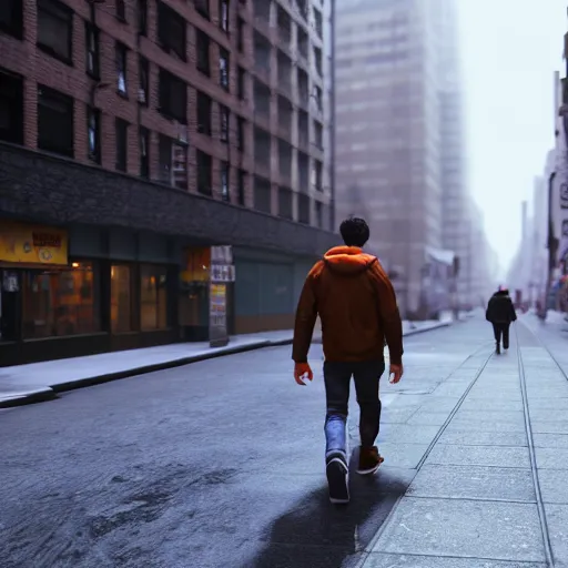 Image similar to A man walking on the sidewalk in the streets of New York, unreal engine, artstation, artstationHD, artstationHQ, extremely detailed, 4k, 8k, ultra high res, concept art