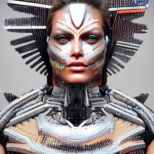 Image similar to full body portrait of the muscular Mayan Android Queen, by DC comics and Sandra Chevrier and beeple, artstation, volumetric lighting and fog, hyperrealism, hyper detailed futuristic royalty, award winning costume design, cybernetic bionic ancient cyborg, fashion show runway, futuristic fine textures, woven with electricity, high fashion superpowers, floating dust particles, bokeh, mystic haze, 4k UHD, HDR