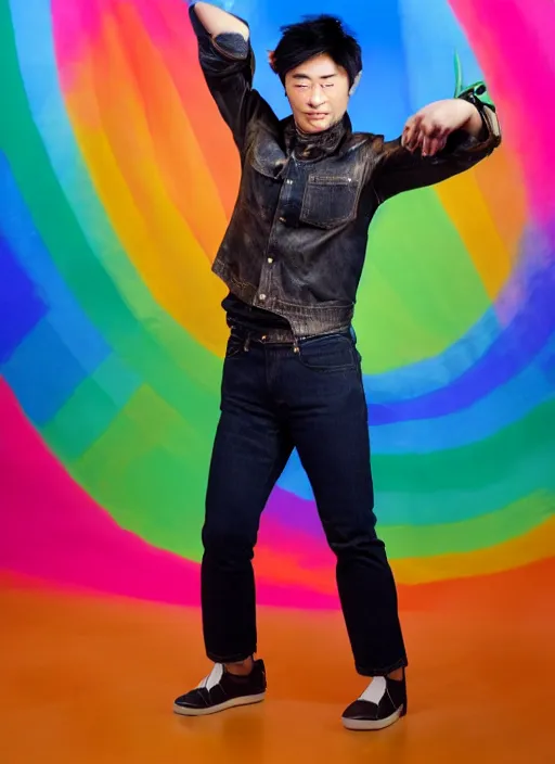 Image similar to japanese man with short hair and a beard wearing short denim and leather clothes dancing next to a rainbow, full body portrait, dynamic lighting