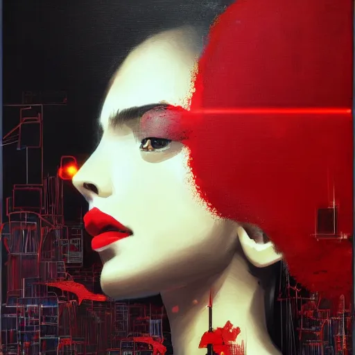 Prompt: portrait of a daydreaming melancholic latin woman in red habit being progressively rasterized into pixels from another world, she is surrounded by digital birds and a giant loving neon mecha robot is besides her, oil on canvas by yoji shinkawa, esao andrews, dave mckean and stina persson