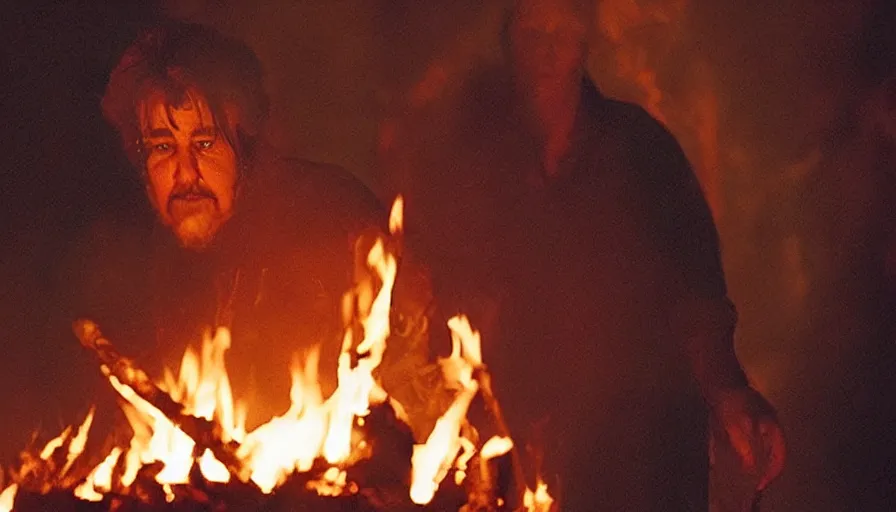 Prompt: Tobe Hooper color movie about a teenager being burnt alive on a bonfire at a carnival