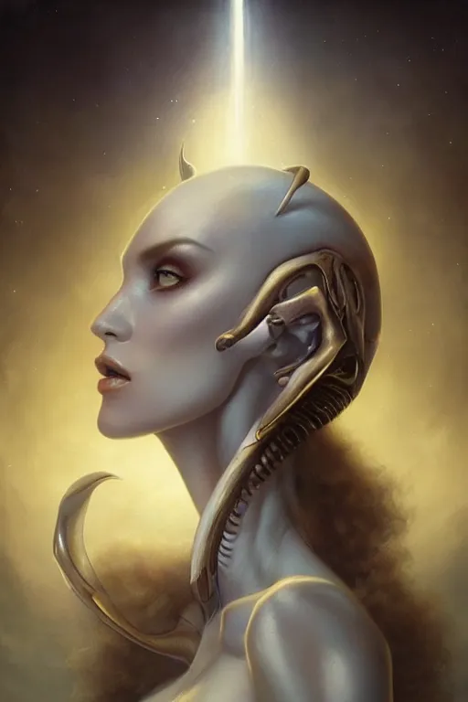 Image similar to a subtle lighting photo of an elegant beautiful alien queen, light colors, bright, sunbeams, eloquent, fancy, lovely, beautiful lighting, artgerm, tom bagshaw, gerald brom,