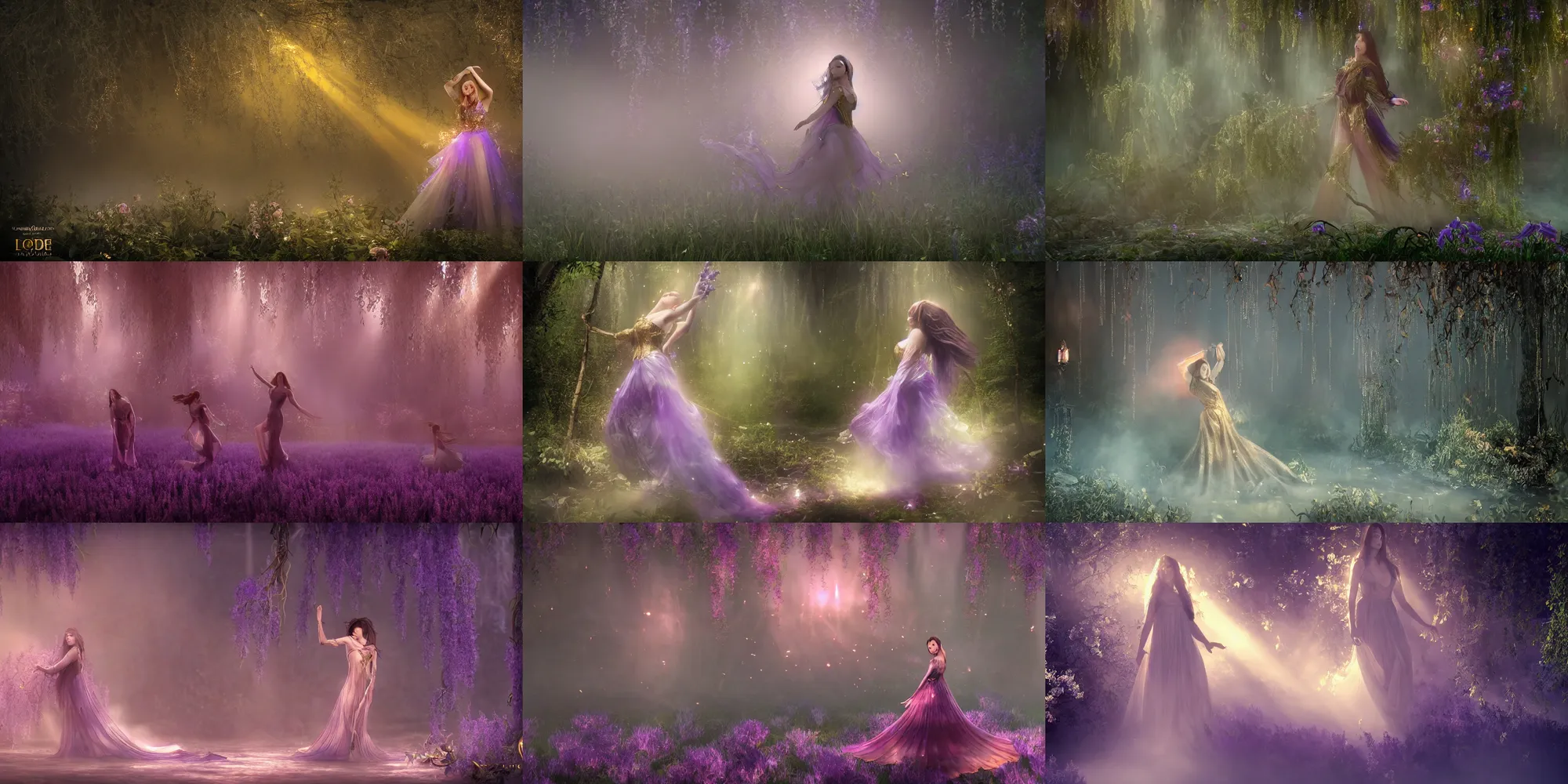 Prompt: Beautiful cinematic stills from Arcane, full-body, dynamic poses, mystical forest lagoon, weeping willows, roses, lavender, lilies, glowing glittery dust in the air, twilight, sunset, gloomy, eerie atmosphere, dynamic pose, ornate attire, intricate gold and crystal jewelry, diaphanous iridescent cloth, cinematic lighting, god rays, volumetric fog, bloom, by Alphonse Mucha, by WLOP, by Rubens, by Luis Ricardo Falero, fantasy, portfolio illustration, highly detailed, trending on Artstation, CGsociety, HQ, 8k, 35mm lens, f2.8, Bokeh,