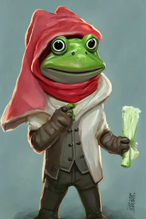 Image similar to cute anthropomorphic frog wearing a white butcher coat with a white butcher hat and holding a cleaver, cutting a wipe red watermelon, tiny, small, miniature frog, baby animal, short, pale blue armor, cute and adorable, pretty, beautiful, DnD character art portrait, matte fantasy painting, cgsociety Artstation, by Jason Felix by Steve Argyle by Tyler Jacobson by Peter Mohrbacher, cinematic lighting