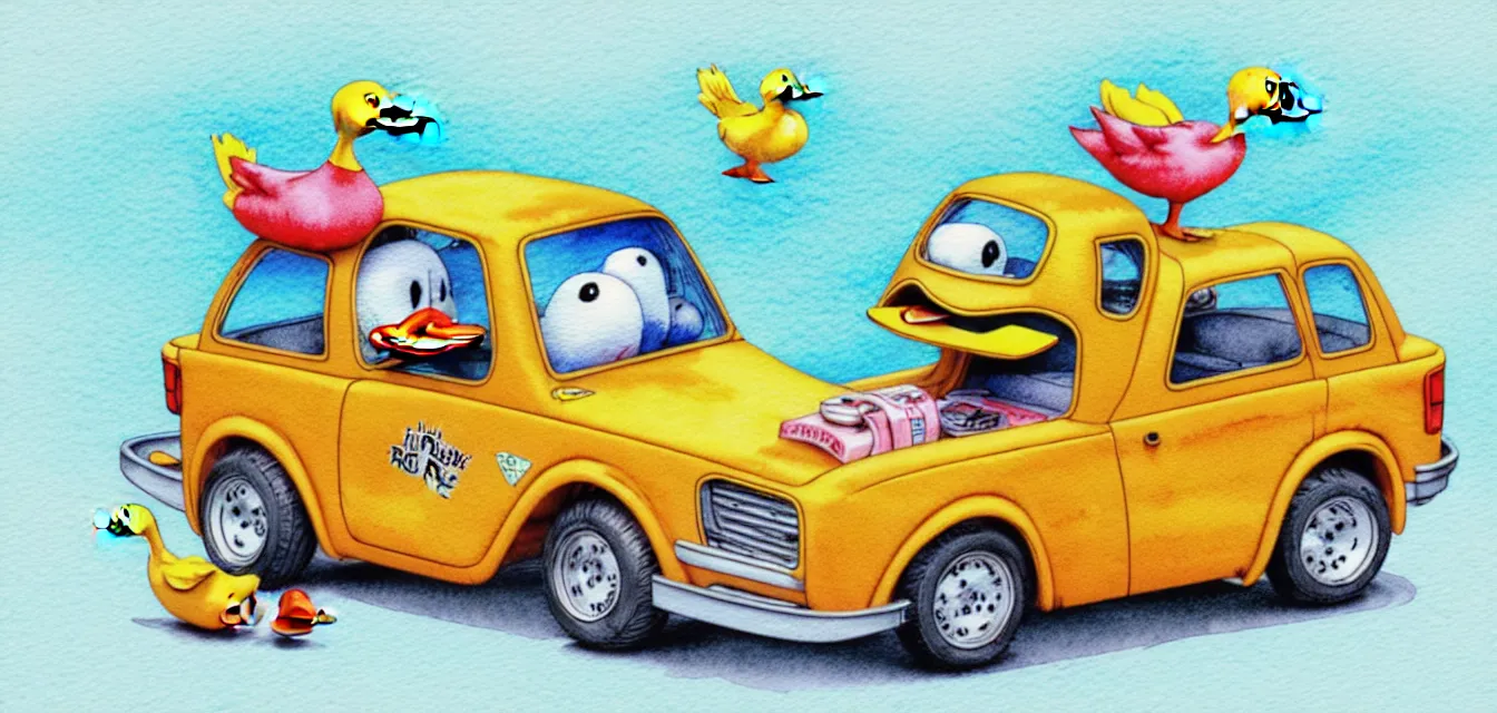 Image similar to cute and funny, duck riding in a tiny hot rod with oversized engine, ratfink style by ed roth, centered award winning watercolor pen illustration, isometric illustration by chihiro iwasaki, edited by range murata, tiny details by artgerm and watercolor girl, symmetrically isometrically centered