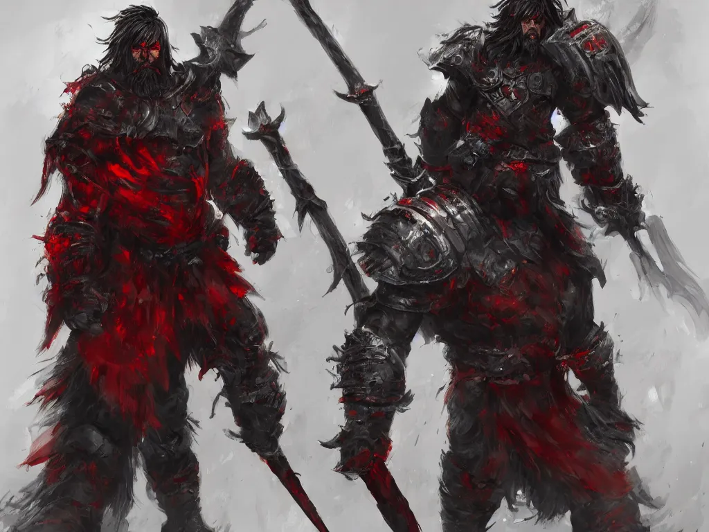 Prompt: Concept art of a barbarian, clad in black and red armor, with a humongous axe, black messy hair and unkempt beard, artstationHD, Fantasy