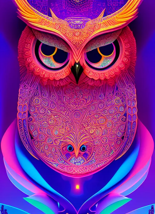 Image similar to symmetry!! product render poster vivid colors divine proportion owl, 神 圣, glowing fog intricate, elegant, highly detailed, digital painting, artstation, concept art, smooth, sharp focus, illustration,