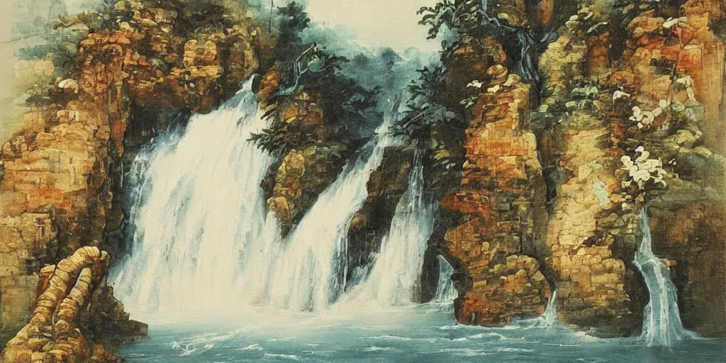 Image similar to “ large ancient gate in the middle of water fall, oil painting, masterpiece, chinese water color, aesthetic ”