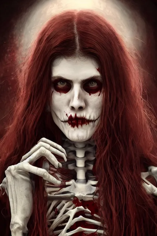 Image similar to skeleton black bones!!, covered with blood, alexandra daddario face!!, long red hair, ultra realistic, concept art, intricate details, highly detailed, photorealistic, octane render, 8 k, unreal engine. retro film still, heavy grain, 3 5 mm, art by artgerm and greg rutkowski and alphonse mucha