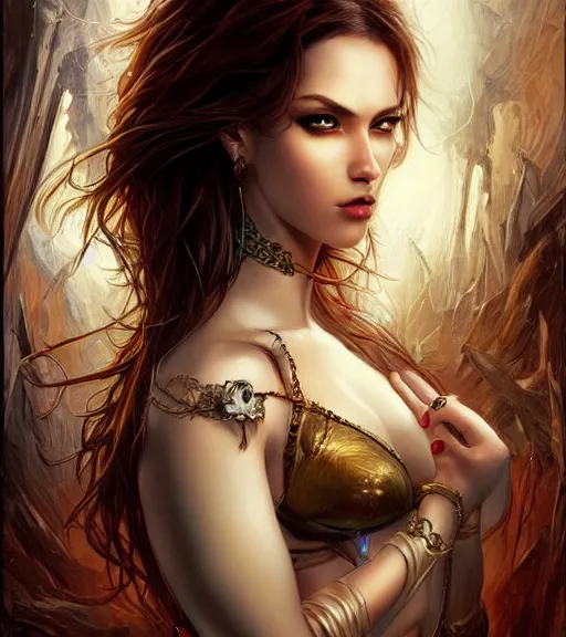 Prompt: a higly detailed full body shot portrait painting of a sensual female fantasy character with piercing beautiful eyes, dynamic lighting, ambient lighting, deviantart, art by artgerm and karol bak and mark brooks