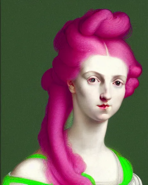 Prompt: photo-realistic portrait of a young pale woman with pink hair, wearing a neon green dress by Vivienne Westwood, intricate details, super-flat, in the style of James Jean, Jean Auguste Dominique Ingres, black background