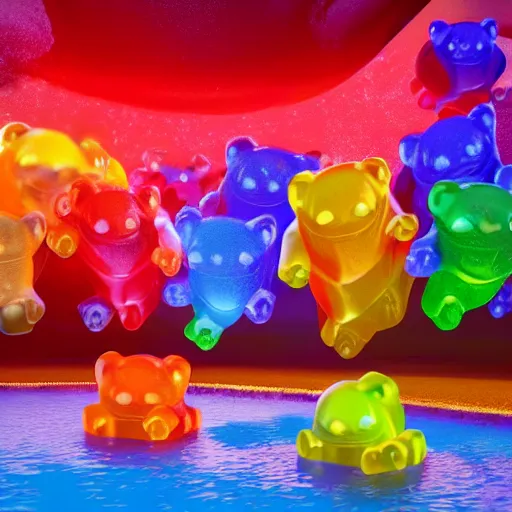 Prompt: promotional movie still life - size gummi bears, big, melting in the arizona sun in the largest frying pan in the world. 3 d, digital art, octane 3 d render, ue 5, cinematic, imax 7 0 mm, product lighting, dramatic lighting. concept art.