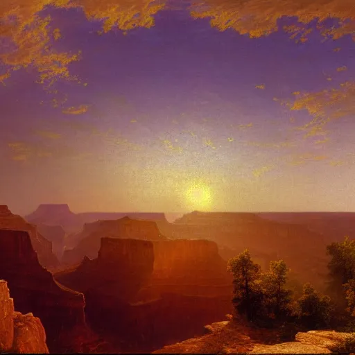 Image similar to a beautiful ultra - detailed realistic oil painting of the grand canyon by albert bierstadt, emanuel leutze, and george caleb bingham. wallpaper 4 k. sunset. no people