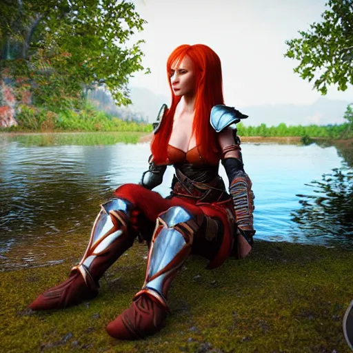 Prompt: beautiful female redhead elf warrior wearing armor, sitting next to a beautiful lake at dawn, enjoying the wind, looking at the water. 8k ultra realistic, award winning, unreal engine 5, masterpiece, atmosphere glow, hyperrealistic, focused, extreme details, cinematic