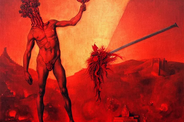 Image similar to only with red, a red melted apollo with a laurel wreath and a flaming sword announce the win, athens in the background, in the style of beksinski, part by hopper, part by rodcenko, part by hofbauer, intricate composition, red by caravaggio, insanely quality, highly detailed, masterpiece, red light, artstation