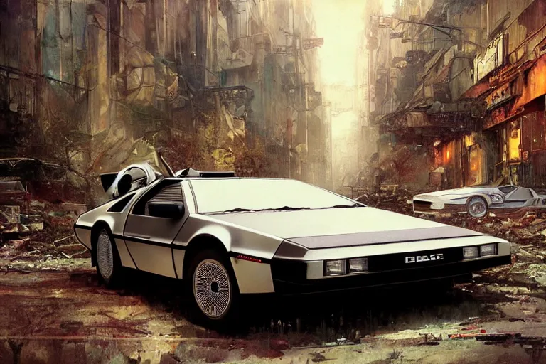 Image similar to photograph of the delorean driving down the streets of a cyberpunk abandoned city, by greg rutkowski, by stanley artgerm, by alphonse mucha