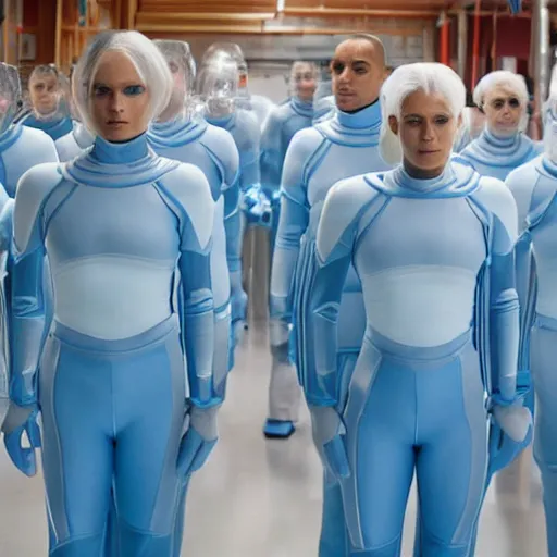 Image similar to troop of identical athletic humans with white hair wearing tight light blue neopren suits, in formation, futuristic chemistry lab, sci - fi, highly detailed, hyperrealistic