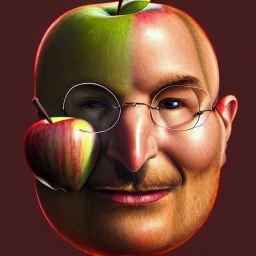 Image similar to apples arranged in the shape of a face resembling steve jobs, fantasy, intricate, elegant, highly detailed, lifelike, photorealistic, digital painting, artstation, illustration, smooth, sharp focus, art by giuseppe arcimboldo