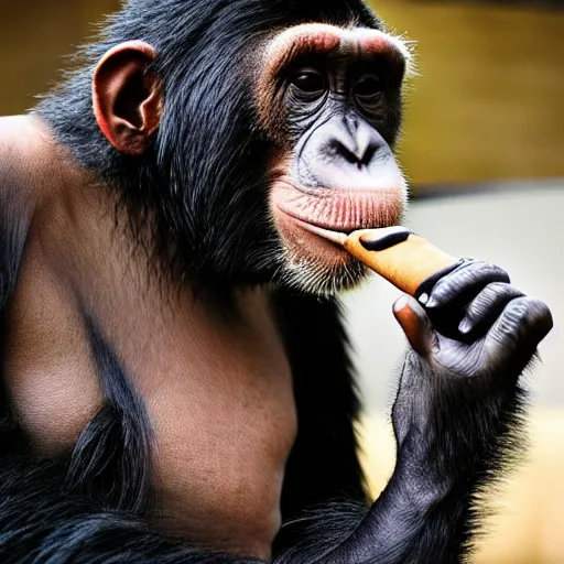 Image similar to a high detail closeup shot of a chimp wearing a suit, smoking a cigar