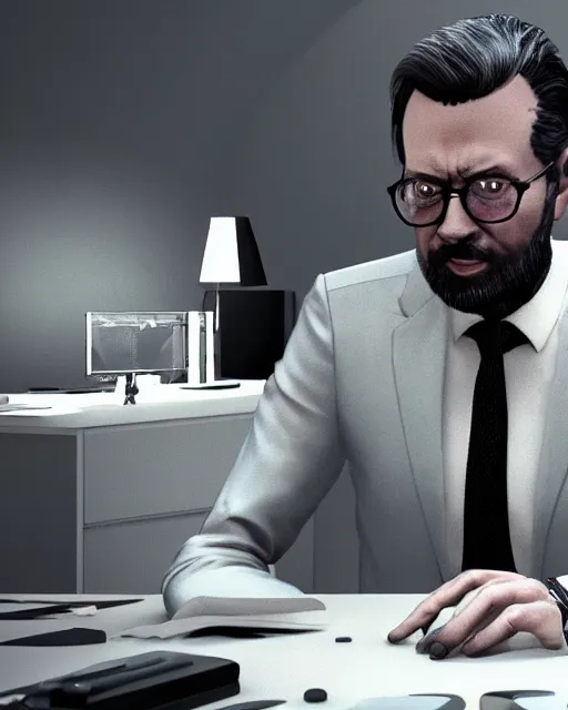 Image similar to a man in a suit and tie sitting at a desk, a screenshot by ash thorp and by philippe bouchet and by benoit mandelbrotand by thomas sanchezand by salvador trakal, polycount, video art, aftereffects, playstation 5 screenshot, criterion collection