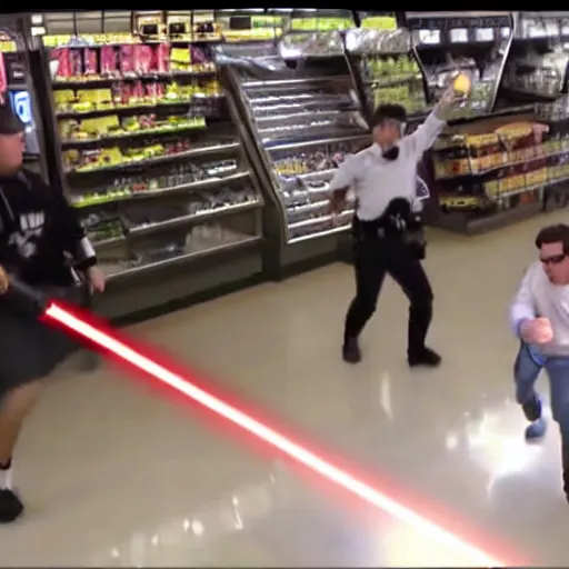 Image similar to cctv footage of a lightsaber fight inside a deli, security cam footage