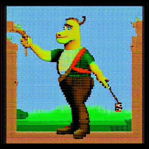 Image similar to expensive pixel work, dithered masterpiece, pixel art shrek fishing on a sailboat