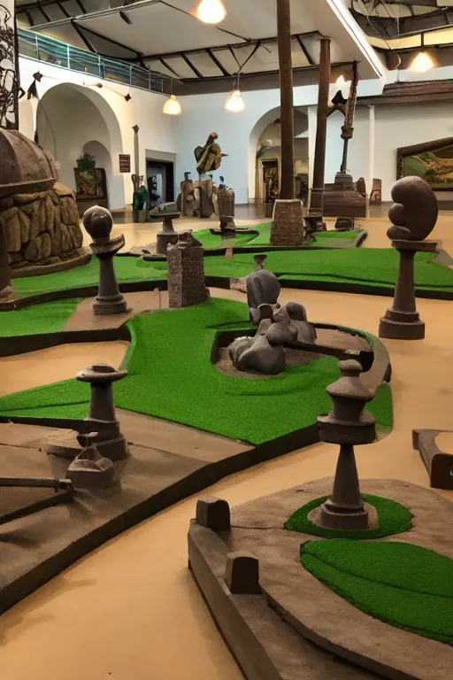 Prompt: mini - putt course inside a museum with statues and windmills