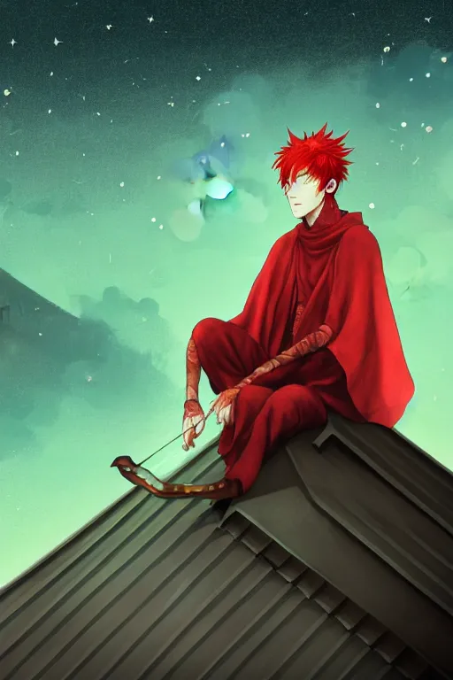 Image similar to dreamy red haired man character with a guitar in his hand, sitting on a roof top at night with many stars, wearing a nice green cloak, very artistic pose, background in blurred, perfect lighting. professional design. great composition, illustration, highly detailed, digital painting, concept art, trending on artstation, by katsuya terada