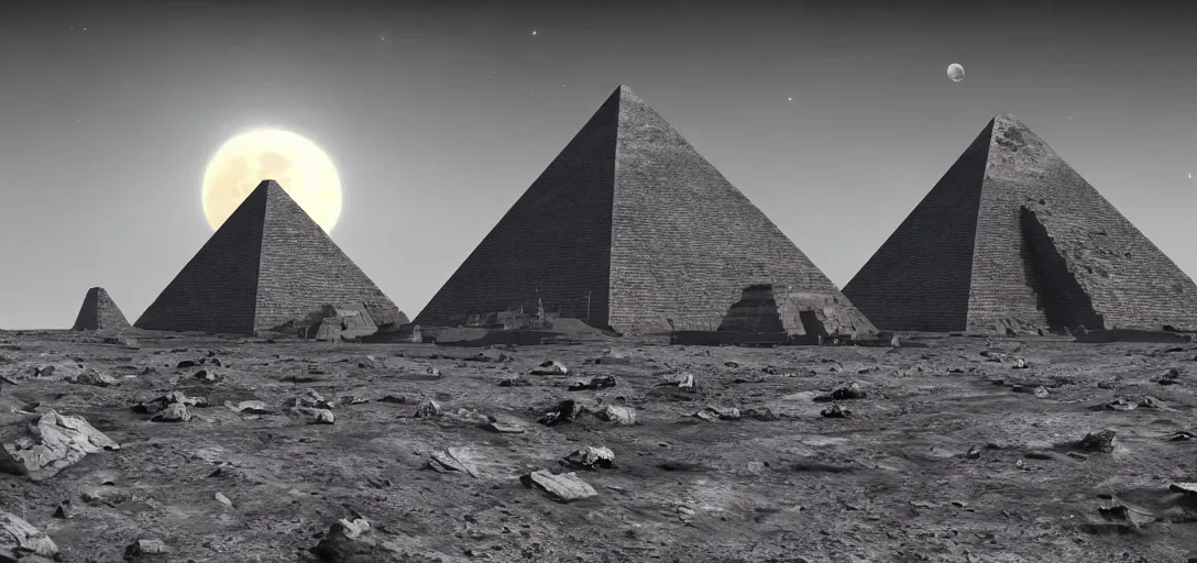 Prompt: an ancient alien pyramid on the lunar surface, decay, desolate, moon, photorealistic, highly detailed, moody atmosphere, stunning, cinematic lighting, unreal engine, detailed environment, ultrasharp