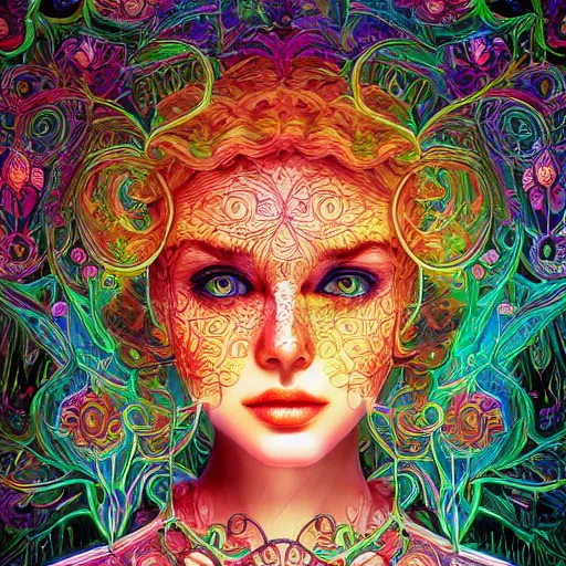 Image similar to the portrait of a ridiculously beautiful and elegant russian woman partially made of onion rings of all colors, an ultrafine detailed illustration by james jean, final fantasy, intricate linework, bright colors, behance contest winner, vanitas, angular, altermodern, unreal engine 5 highly rendered, global illumination, radiant light, detailed and intricate environment